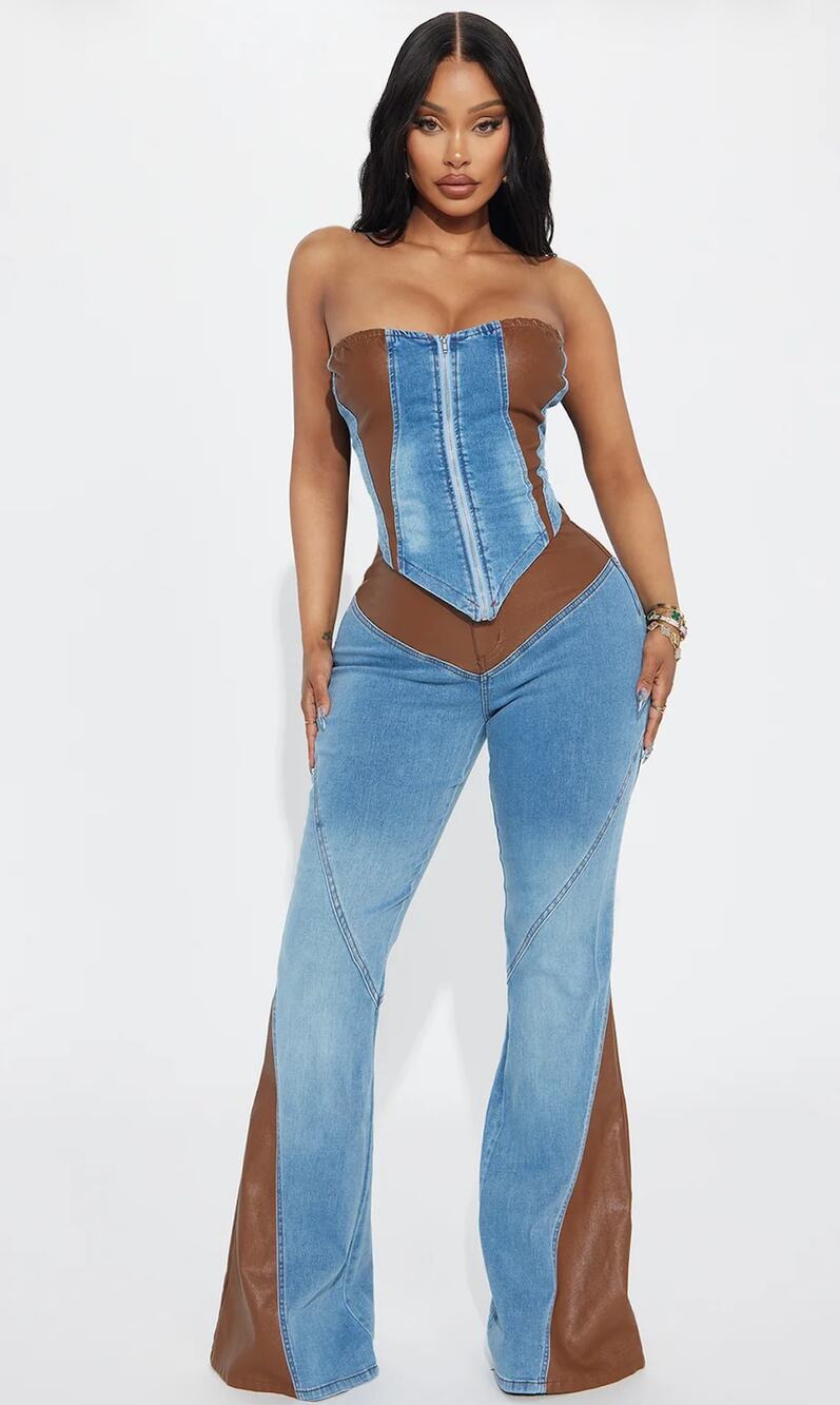 Fashion Nova Womens XS Brown Faux Leather Strapless Flare Denim Pant Set NWT